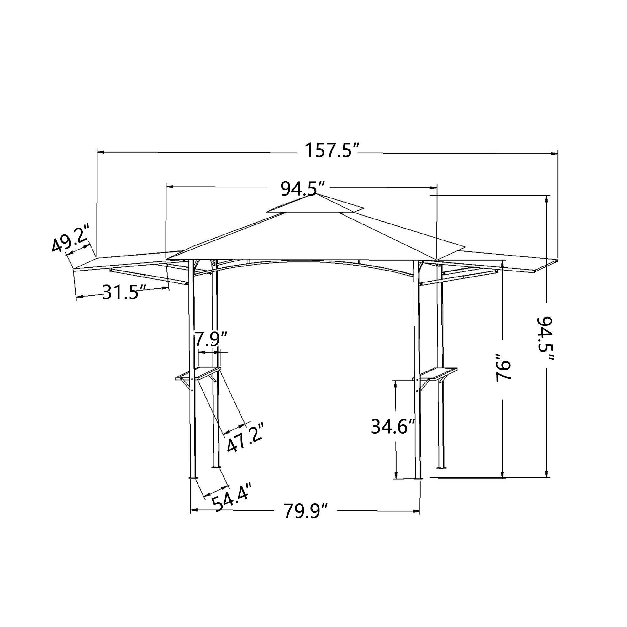 13x4.5 Ft Grill Gazebo with Double Tiered Canopy and Dual Side Awnings